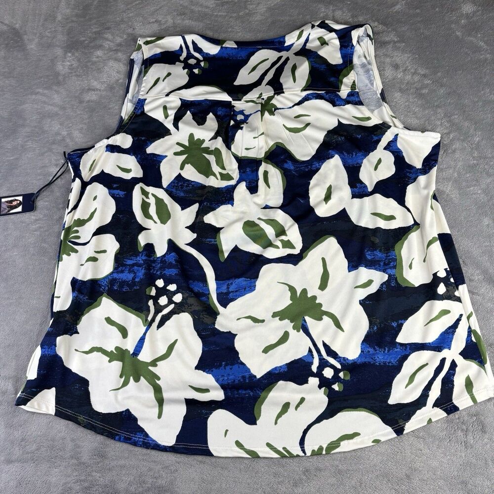 Rachel Roy Top Womens 1X Blue Blouse Floral Sleeveless V-Neck White Hibiscus New - Picture 5 of 11